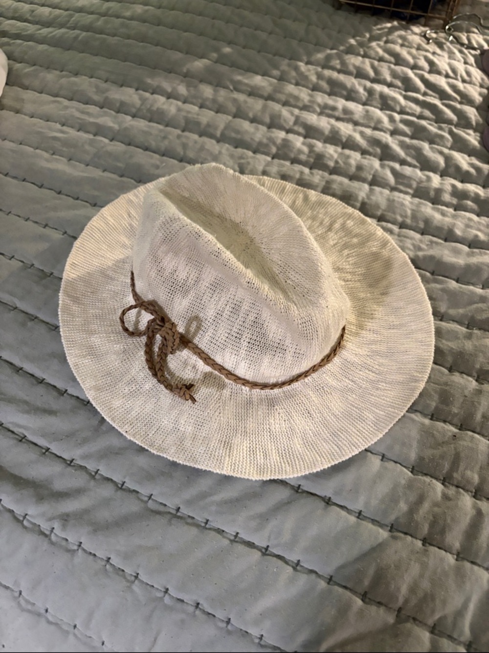 White woven Cowboy Style Sun Hat with Braided Tie